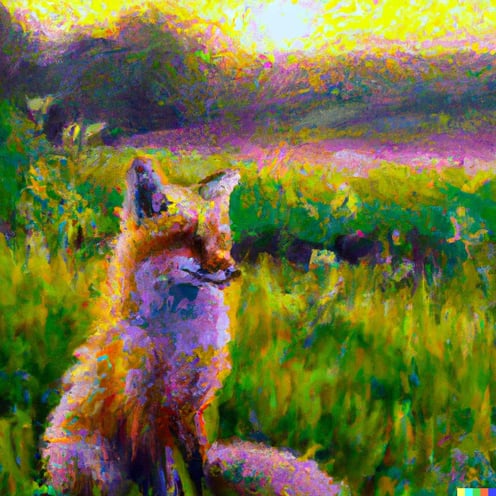 a painting of a fox sitting in a field at sunrise in the style of Claude Monet.