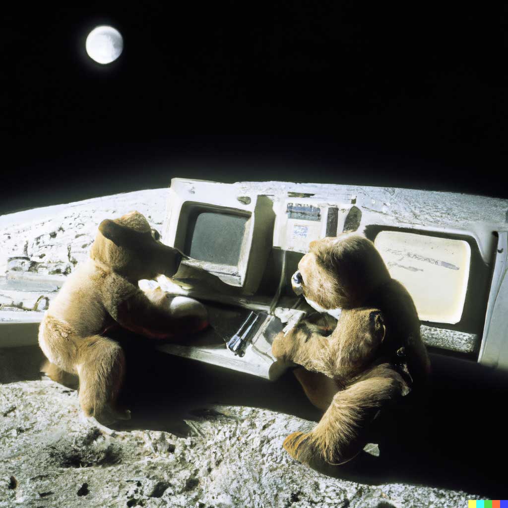 teddy bears working on new AI research on the moon in the 1980s
