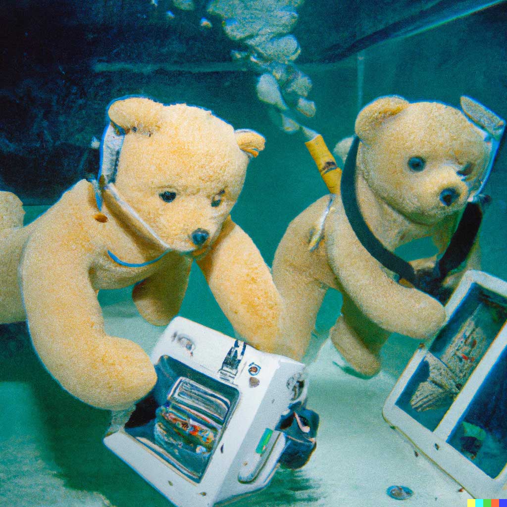 teddy bears working on new AI research underwater with 1990s technology.